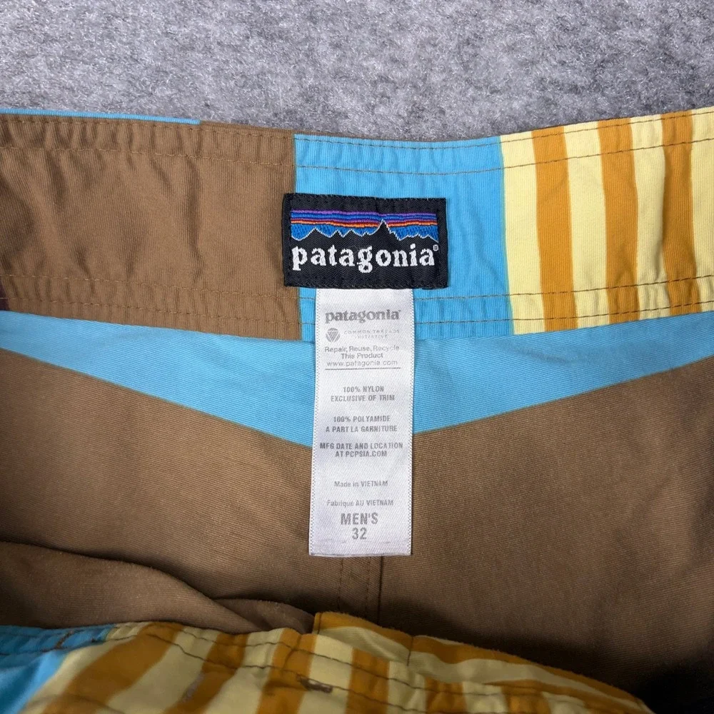 Patagonia Board Shorts Mens 32‎ Brown Blue Yellow Striped Swim Trunks Beach Surf